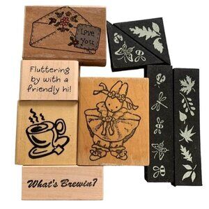 Wooden Rubber Stamp Set Assorted Floral Whimsical Designs Crafts & Scrapbooking